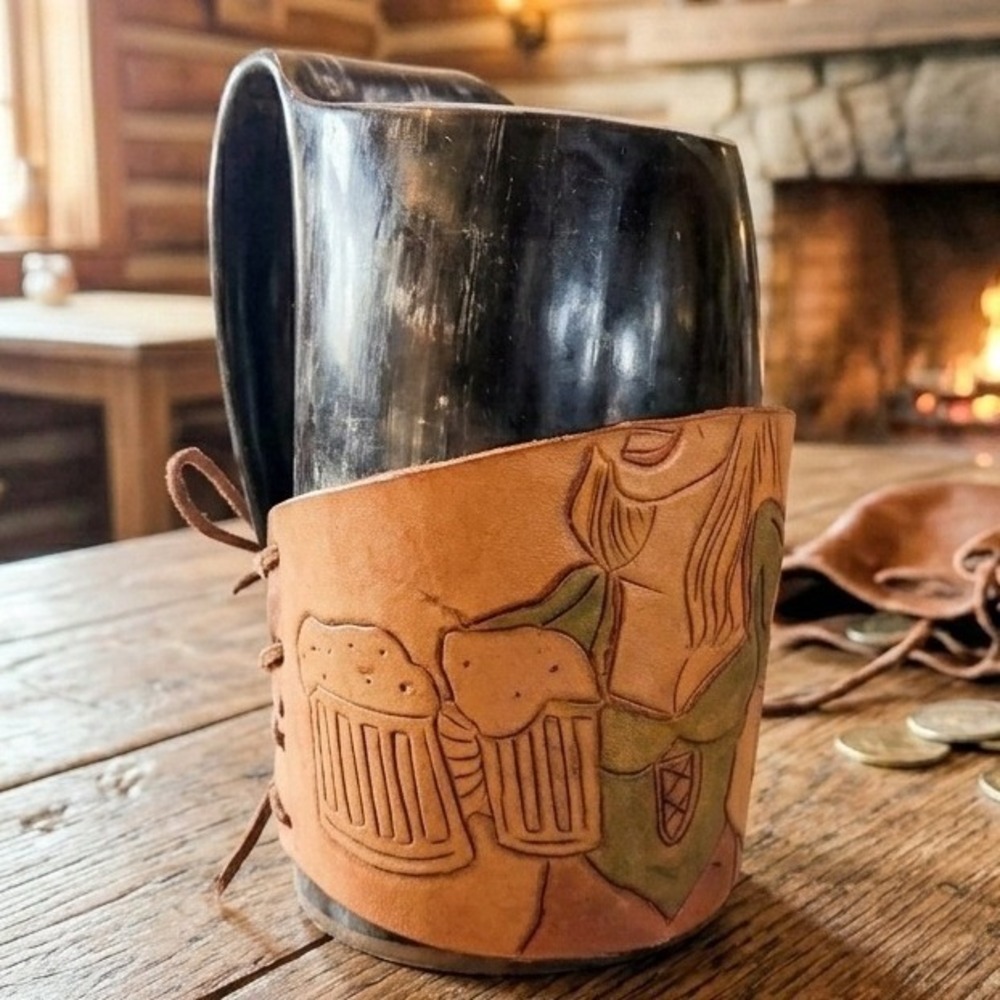 Norse Tradesman Viking Horn Mug with Tooled Leather Wrap Tavern Scene Tankard